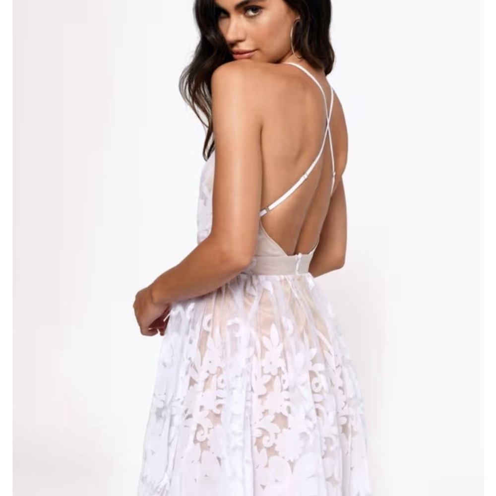 LUXXEL Lace Skater Plunge Neck Mini Dress - Picture 2 of 12